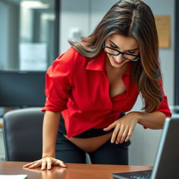 Gorgeous brunette in red blouse, black slacks, and glasses, bending over a desk in an office