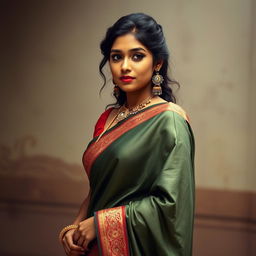 An Indian bodyguard who is a girl, elegantly dressed in a traditional saree