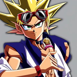 Digital art profile picture of Yugi from Yu-Gi-Oh! with sunglasses and a cigar, looking cool and confident.