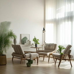 Interior design of a modern and spacious living room with stylish and minimalist furniture, accented by natural lights and indoor plants.