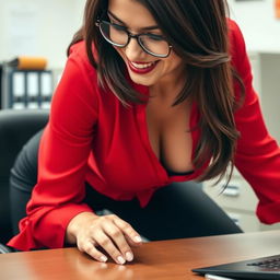 Gorgeous brunette in red blouse, black slacks, and glasses, bending over a desk in an office