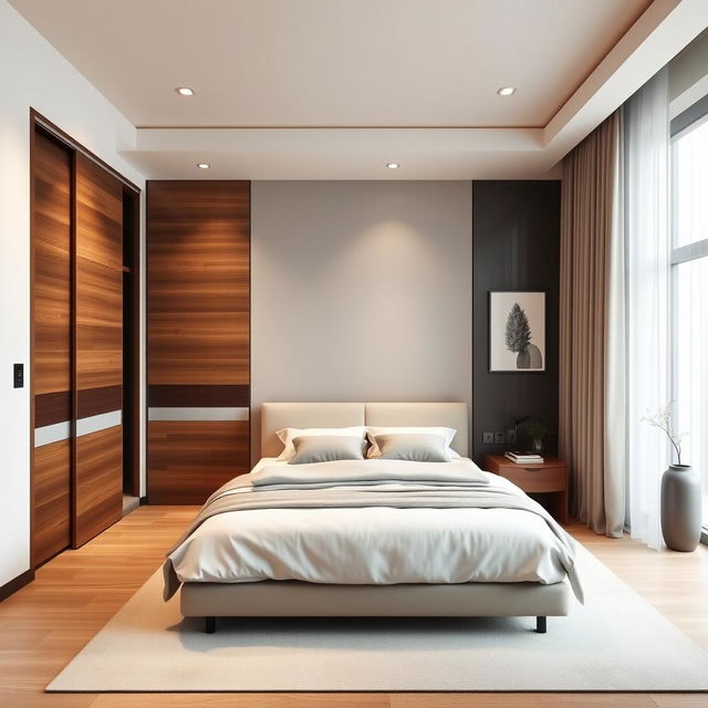 A modern and elegant bedroom showcasing a perfect blend of functionality and aesthetics