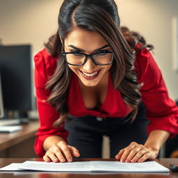 A gorgeous brunette with a devious smile, wearing glasses and a red blouse that highlights her cleavage, is bending over her desk with her elbows resting on it