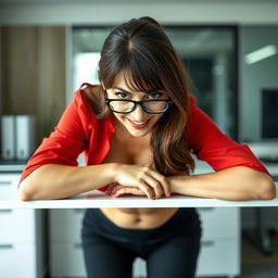 A gorgeous brunette wearing glasses is bending over a desk with her elbows resting on it, creating a close-up torso shot from the front