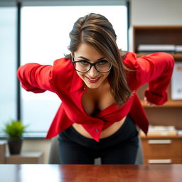 A gorgeous brunette wearing glasses is bending over a desk with her elbows resting on it, creating a close-up torso shot from the front