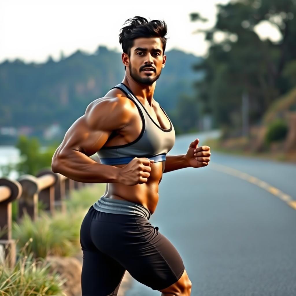 An Indian bodybuilder running alongside a scenic roadside, wearing a stylish sports bra