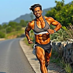 An Indian bodybuilder running alongside a scenic roadside, wearing a stylish sports bra