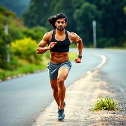 An Indian bodybuilder running alongside a scenic roadside, wearing a stylish sports bra