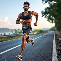 An Indian bodybuilder running alongside a scenic roadside, wearing a stylish sports bra