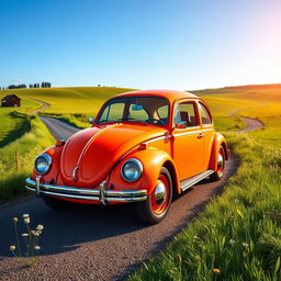 A classic Volkswagen Beetle, brightly colored and captured in a picturesque countryside setting