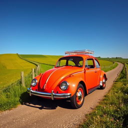 A classic Volkswagen Beetle, brightly colored and captured in a picturesque countryside setting