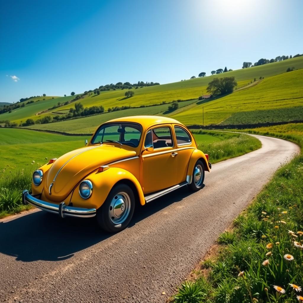 A classic Volkswagen Beetle, brightly colored and captured in a picturesque countryside setting