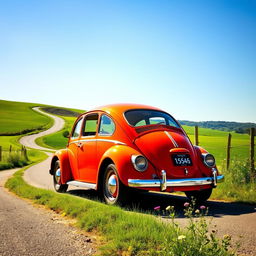 A classic Volkswagen Beetle, brightly colored and captured in a picturesque countryside setting