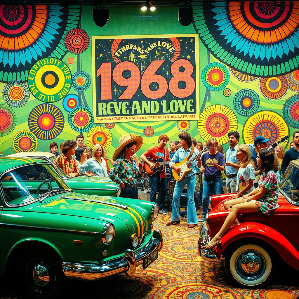 Retro 1968 scene displaying elements from the late 1960s era, such as vibrant psychedelic patterns, vintage fashion with bell-bottom pants and tie-dye shirts, classic cars with iconic curved designs, and people enjoying a lively music festival with guitars and vinyl records