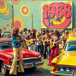 Retro 1968 scene displaying elements from the late 1960s era, such as vibrant psychedelic patterns, vintage fashion with bell-bottom pants and tie-dye shirts, classic cars with iconic curved designs, and people enjoying a lively music festival with guitars and vinyl records