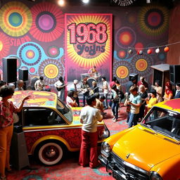 Retro 1968 scene displaying elements from the late 1960s era, such as vibrant psychedelic patterns, vintage fashion with bell-bottom pants and tie-dye shirts, classic cars with iconic curved designs, and people enjoying a lively music festival with guitars and vinyl records