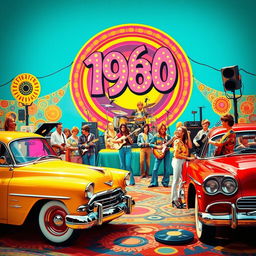 Retro 1968 scene displaying elements from the late 1960s era, such as vibrant psychedelic patterns, vintage fashion with bell-bottom pants and tie-dye shirts, classic cars with iconic curved designs, and people enjoying a lively music festival with guitars and vinyl records