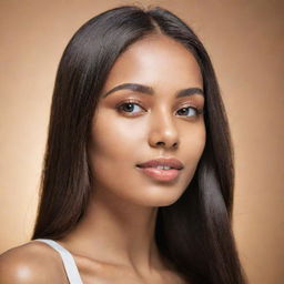 An image of a girl with shiny, healthy hair, reflecting the benefits of applying hair oil. She should have a content and relaxed expression, showcasing the soothing properties of the hair care routine.