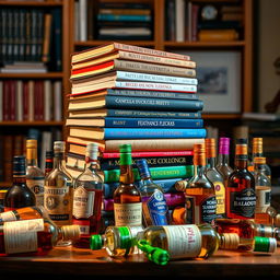 A visually intriguing scene of a stack of diverse university textbooks, each with colorful spines and academic titles, is positioned on a wooden study desk