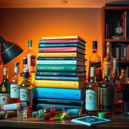 A visually intriguing scene of a stack of diverse university textbooks, each with colorful spines and academic titles, is positioned on a wooden study desk