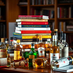 A visually intriguing scene of a stack of diverse university textbooks, each with colorful spines and academic titles, is positioned on a wooden study desk