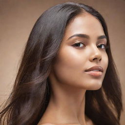 An image of a girl with shiny, healthy hair, reflecting the benefits of applying hair oil. She should have a content and relaxed expression, showcasing the soothing properties of the hair care routine.