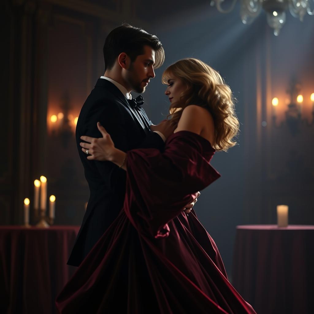 A mysterious and passionate dark romance scene featuring a couple in an elegant, dimly lit ballroom