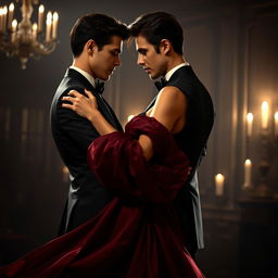 A mysterious and passionate dark romance scene featuring a couple in an elegant, dimly lit ballroom