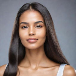 An image of a girl with shiny, healthy hair, reflecting the benefits of applying hair oil. She should have a content and relaxed expression, showcasing the soothing properties of the hair care routine.