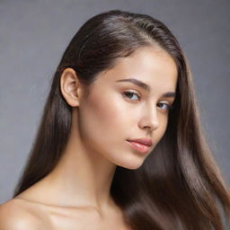 An image of a girl with shiny, healthy hair, reflecting the benefits of applying hair oil. She should have a content and relaxed expression, showcasing the soothing properties of the hair care routine.