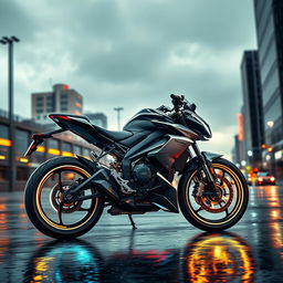 a sleek, futuristic motorcycle set against a dynamic urban background, with a sense of speed and motion