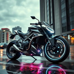 a sleek, futuristic motorcycle set against a dynamic urban background, with a sense of speed and motion