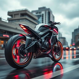 a sleek, futuristic motorcycle set against a dynamic urban background, with a sense of speed and motion