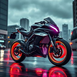 a sleek, futuristic motorcycle set against a dynamic urban background, with a sense of speed and motion