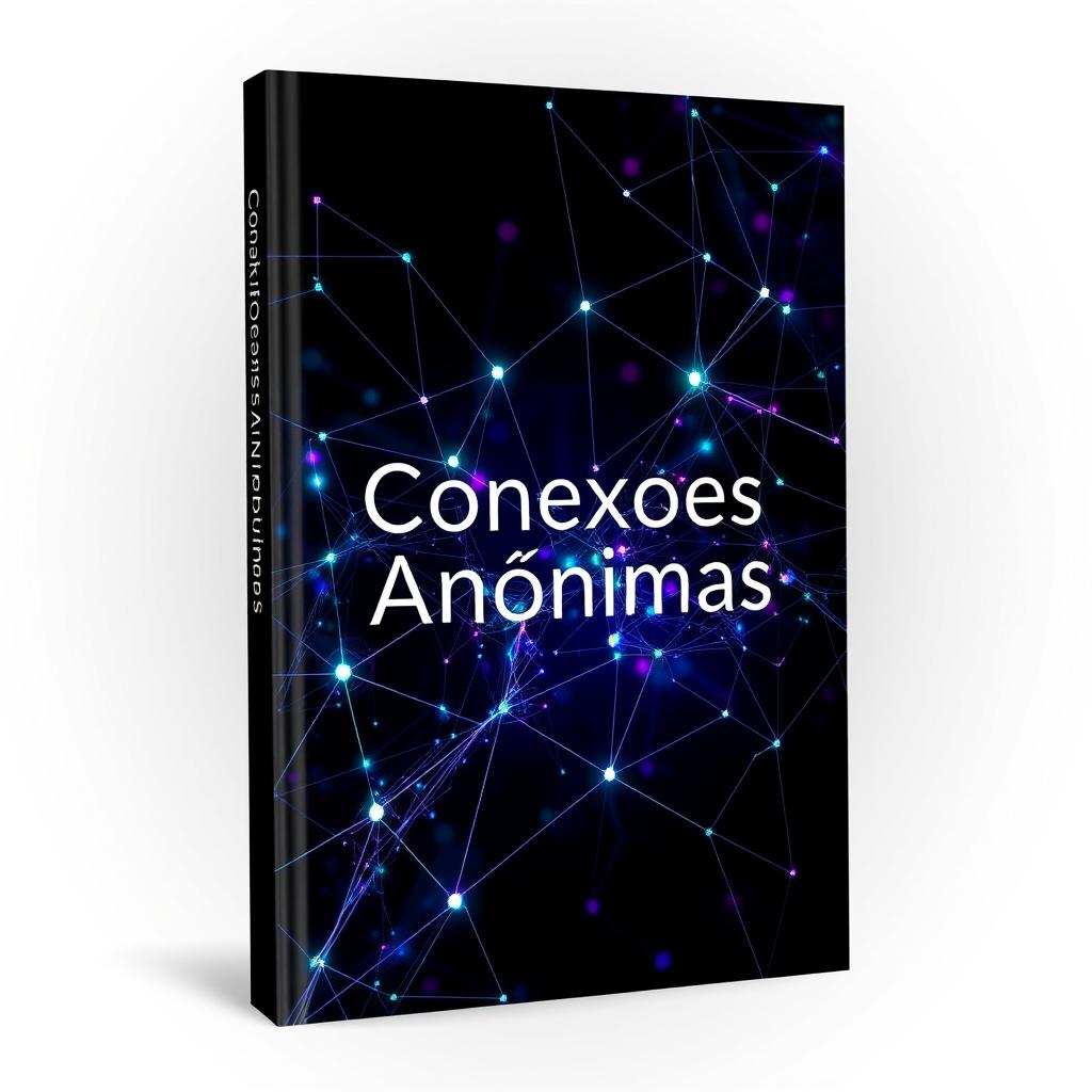 An enticing and mysterious book cover titled 'Conexões Anônimas' featuring an abstract depiction of interconnected digital networks