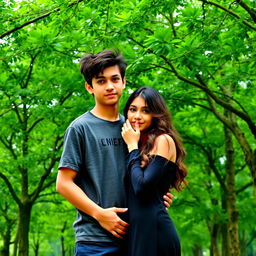 A romantic couple standing in front of a lush green park filled with trees