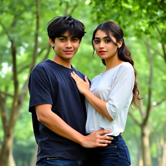 A romantic couple standing in front of a lush green park filled with trees