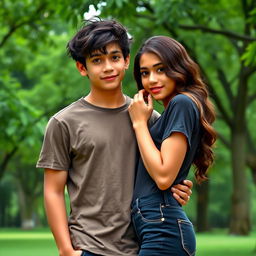 A romantic couple standing in front of a lush green park filled with trees