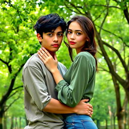 A romantic couple standing in front of a lush green park filled with trees