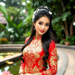 A beautiful woman wearing a traditional Thai dress, known as a "Chut Thai", elegantly posed against a backdrop of lush Thai gardens