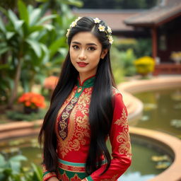 A beautiful woman wearing a traditional Thai dress, known as a "Chut Thai", elegantly posed against a backdrop of lush Thai gardens