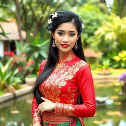 A beautiful woman wearing a traditional Thai dress, known as a "Chut Thai", elegantly posed against a backdrop of lush Thai gardens