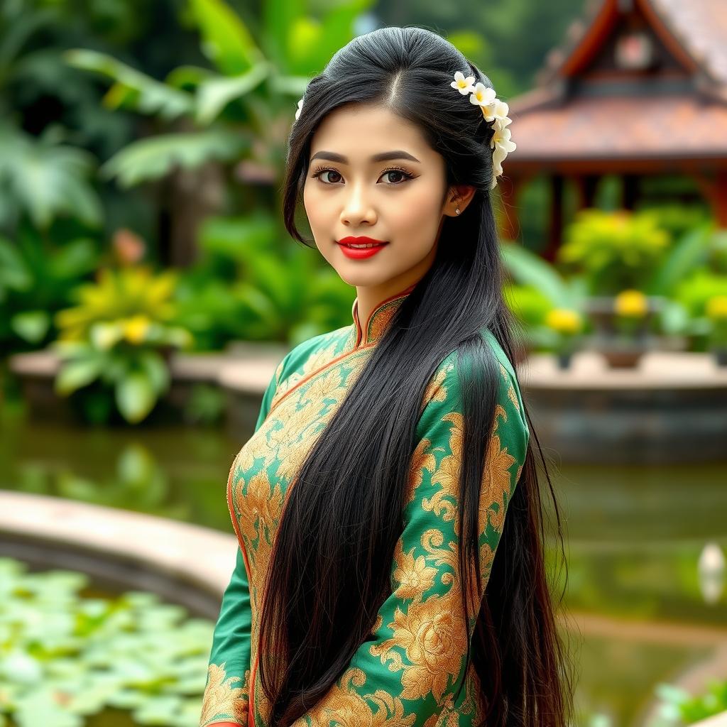 A beautiful woman wearing a traditional Thai dress, known as a "Chut Thai", elegantly posed against a backdrop of lush Thai gardens