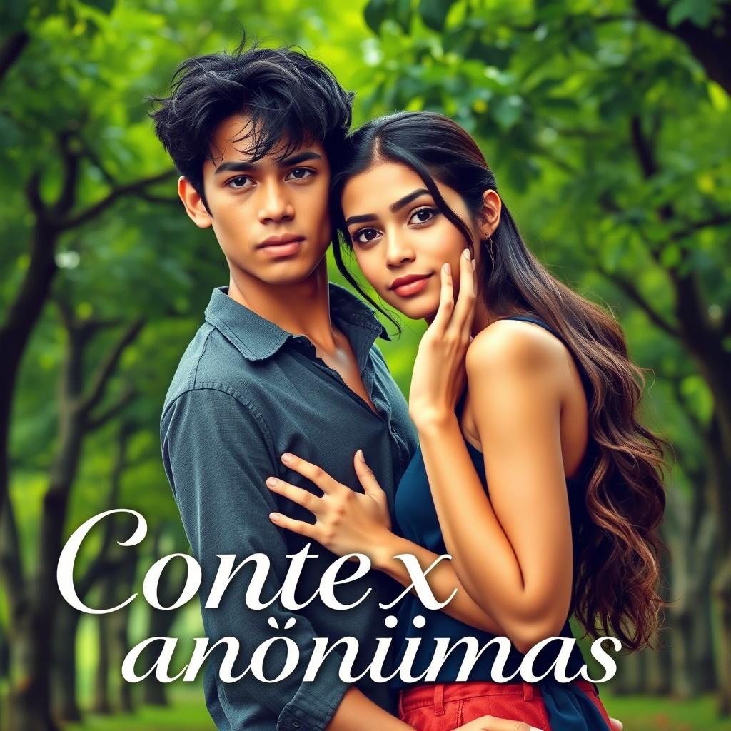 Book cover for 'Conexões anônimas': A romantic couple stands in front of a lush green park filled with trees