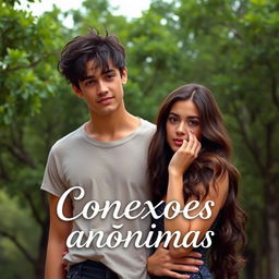 Book cover for 'Conexões anônimas': A romantic couple stands in front of a lush green park filled with trees