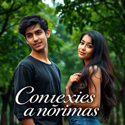 Book cover for 'Conexões anônimas': A romantic couple stands in front of a lush green park filled with trees