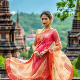 A Thai traditional dress inspired by Indian attire, featuring intricate patterns and a vibrant color palette