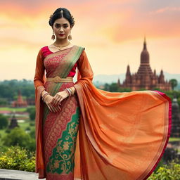 A Thai traditional dress inspired by Indian attire, featuring intricate patterns and a vibrant color palette