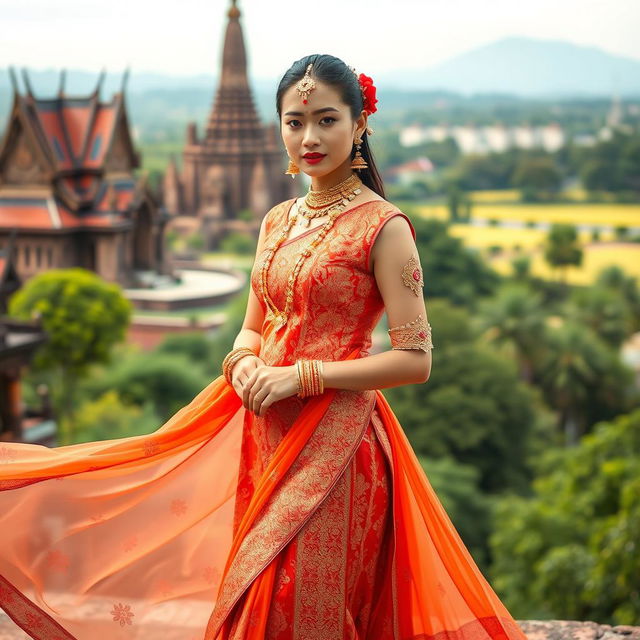 A Thai traditional dress inspired by Indian attire, featuring intricate patterns and a vibrant color palette