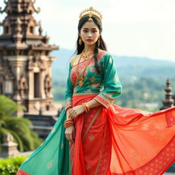 A Thai traditional dress inspired by Indian attire, featuring intricate patterns and a vibrant color palette